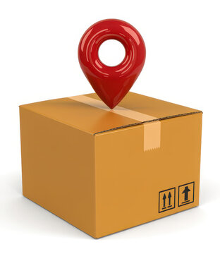 Brown cardboard box with red location pin and symbols