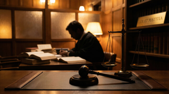 Focused silhouette of lawyer working late at desk in classic office. gavel sits in foreground, symbolizing law and justice, with books and warm light