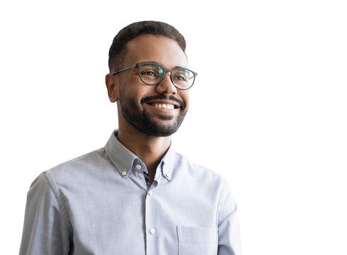 Handsome smiling young man looking away to copyspace isolated transparent PNG. Joyful cheerful businessman studio shot