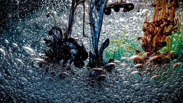 Abstract colorful ink drops dissolving in bubbly water creating dynamic patterns