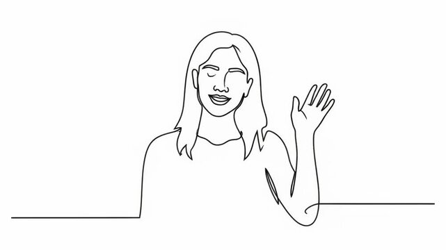 A minimalist line drawing of a smiling woman waving her hand in greeting with a simple and elegant oneline art style