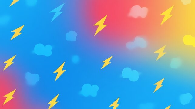 Playful pop art pattern consisting of yellow lightning bolts and blue cloud silhouettes overlaid on bright multi colored gradient background
