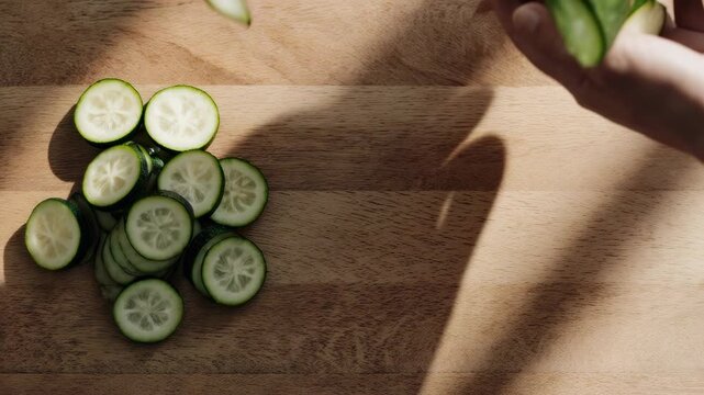 Zucchini Thin Slices. Minimalist Food Prep. Minimalist Food. thin zucchini slices being prepared, set in a minimalist wooden kitchen surface with negative space
