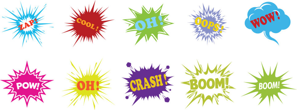 Vibrant comic book explosion graphics with dynamic text effects