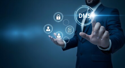 Naklejka premium Businessman presenting digital icons related to domain name system document management