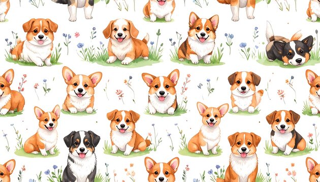 An adorable patterned design showcasing playful, smiling dogs of a particular breed amidst small, colorful wildflowers on a white background