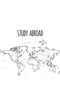 A minimalist black and white outline of a world map features the text STUDY ABROAD above, with dotted lines connecting travel points and a small airplane icon.