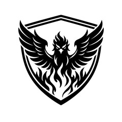 Fototapeta premium Striking black phoenix rising majestically from intricate flames, wings spread in a powerful display, all gracefully framed within a robust, heraldic shield. This iconic emblem signifies rebirth, resi