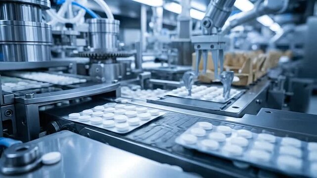 Automated pharmaceutical production line packaging white pills into blister packs