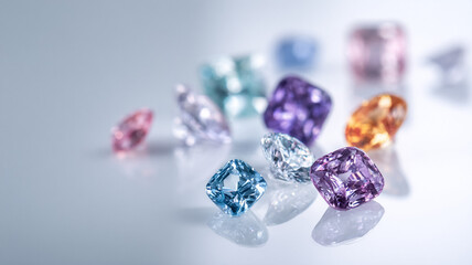 Colorful gemstones sparkling on a white reflective surface, showing luxury, beauty, and precious jewelry materials