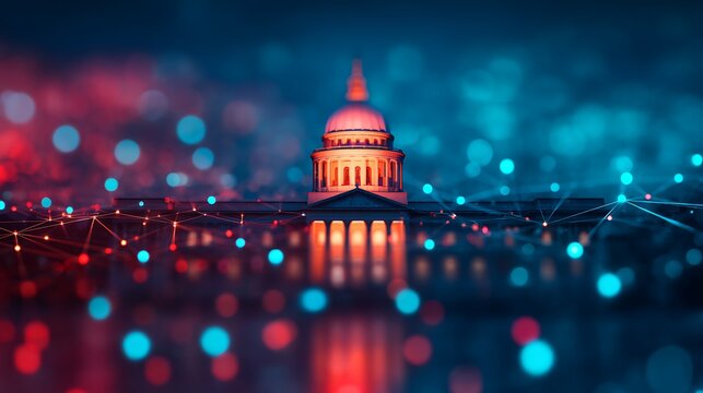 Illuminated capitol building at night with colorful bokeh and digital network lines overlaying the foreground.