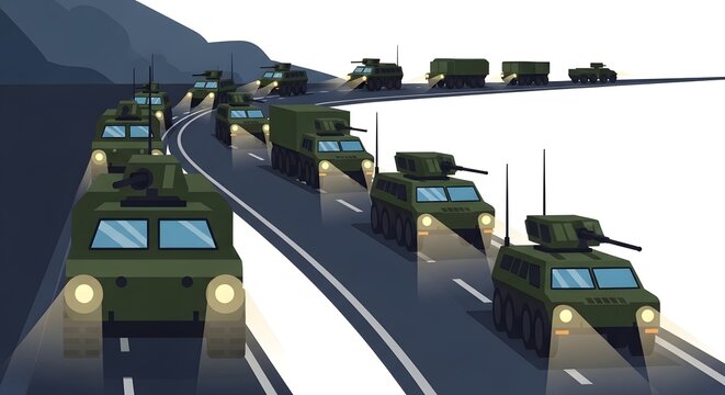 Military Convoy on Highway at Dusk.