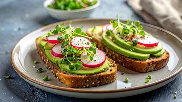 Healthy open-faced sandwiches with avocado, radish and sprouts on whole grain bread