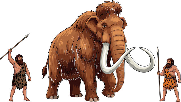 Woolly mammoth with prehistoric hunters vector illustration featuring ice age animal and cavemen with spears in ancient hunting scene
