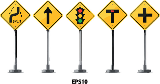 Yellow road traffic warning signs vector illustration featuring split lane, straight arrow, traffic light, T intersection and crossroad symbols