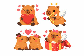Fototapeta premium Cute Valentine’s Day Capybara Set – Flat Children’s Style Vector Illustrations with Hearts and Wings