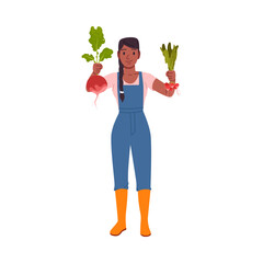 Naklejka premium Smiling woman farmer in overalls and boots holding freshly harvested beets and radishes, celebrating organic farming and healthy food, isolated on white background vector illustration