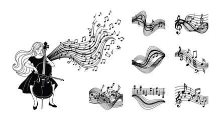 A young woman plays the cello amidst swirling musical notes and symbols © Nayem