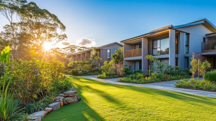 Fototapeta premium Serene residential area with modern houses surrounded by lush greenery and a bright sunset