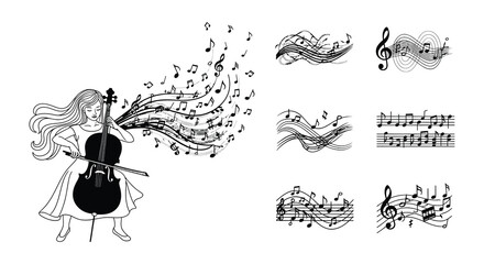 A young woman plays the cello amidst swirling musical notes and symbols © Nayem