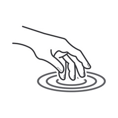 Isolated outline illustration of hand touching water surface creating ripple effect symbolizing interaction, disturbance, touch response, and physical reaction © AndiPoe