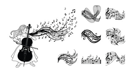 A young woman plays the cello amidst swirling musical notes and symbols © Nayem