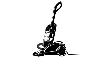 Detailed black and white illustration of a modern upright vacuum cleaner on a white background. © Kangmas