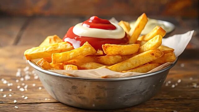A generous portion of golden french fries topped with ketchup and mayonnaise in a metal bowl