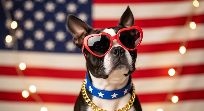 Patriotic boston terrier celebrates labor day with american flag and sunglasses