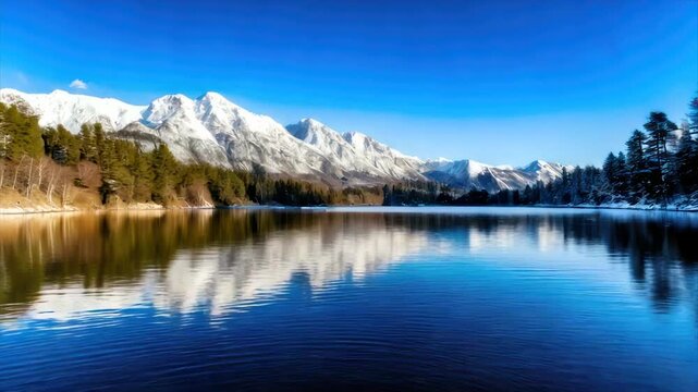 A serene lake mirrors snowy mountains and evergreen trees under a bright, cloudless sky