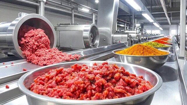 Industrial food processing line with raw ingredients and spices in bowls