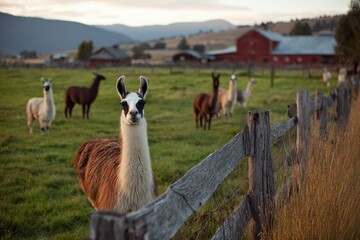 Fototapeta premium Tranquil farm life: llamas and caretaker in a quiet countryside setting
