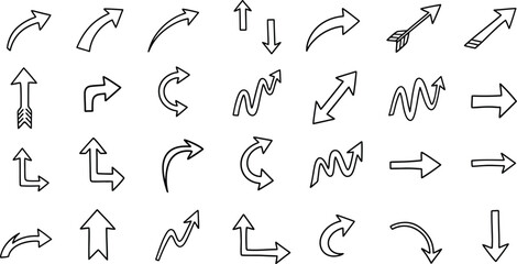 A collection of 25 unique black and white arrow icons in various directions and styles