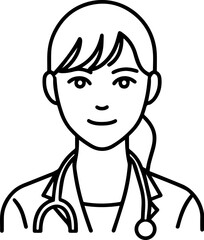 Obraz premium Hand Drawn Female Doctor Black and White Avatar Illustration in Minimal Line Art Style Design