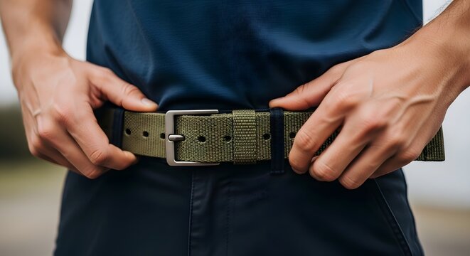 Hands adjusting a green belt on a torso in a blurred outdoor setting &ndash; close‑up product shot