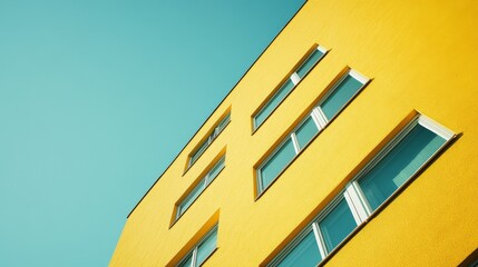 A vibrant yellow building facade contrasts with a clear blue sky, showcasing modern architecture