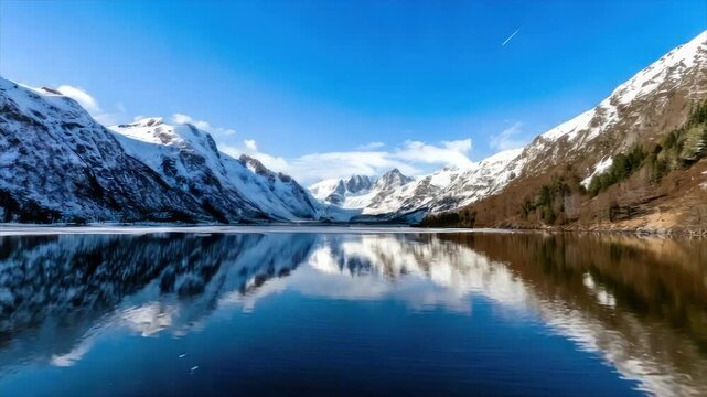 Majestic snowy mountains mirror in calm, clear lake under a bright blue sky