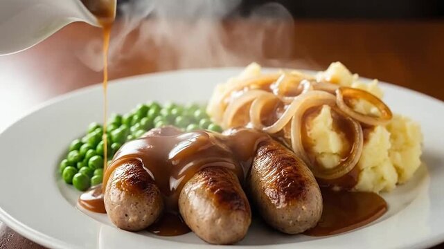 Hot gravy is poured over a plate of sausages, mashed potatoes, peas and onions