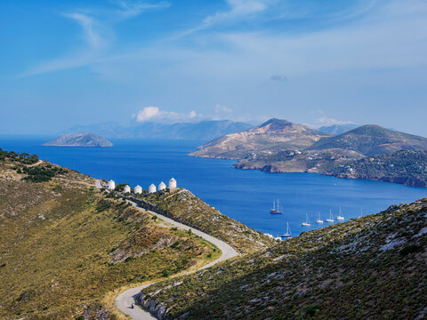 Windmills of Pandeli, elevated view, Leros Island, Dodecanese, Greece