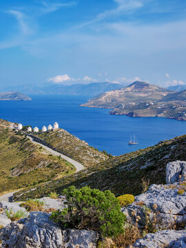 Windmills of Pandeli, elevated view, Leros Island, Dodecanese, Greece