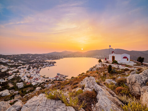 Church of Prophet Elias over the town of Agia Marina at sunset, Leros Island, Dodecanese, Greece