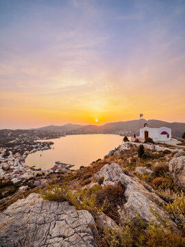 Church of Prophet Elias over the town of Agia Marina at sunset, Leros Island, Dodecanese, Greece