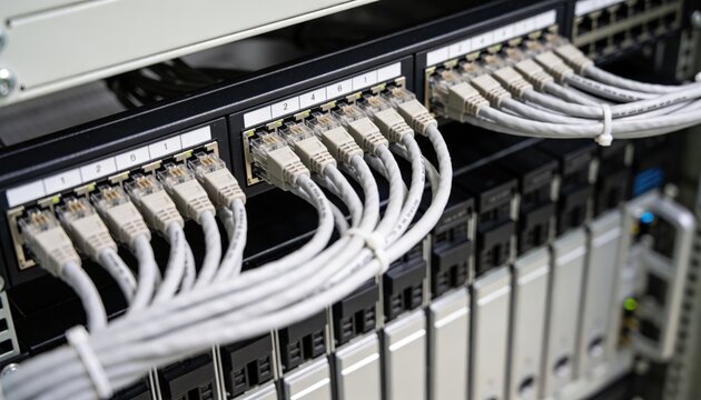 Focused shot of structured cabling and modular patch panels in a data center environment highlighting precision and order suitable for educational institutional servers.