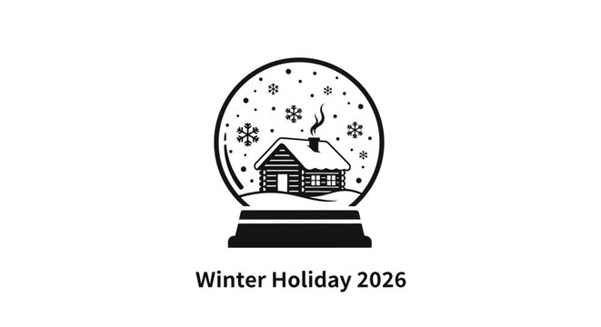 Black and white snow globe with house and snowflakes inside.