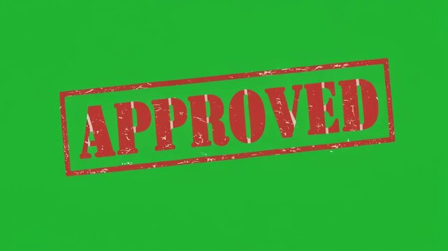 Approved stamp graphic with red ink on a green screen background, representing a seal of approval and confirmation