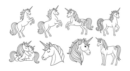 Black silhouettes of unicorns and horses in various dynamic poses © Nayem