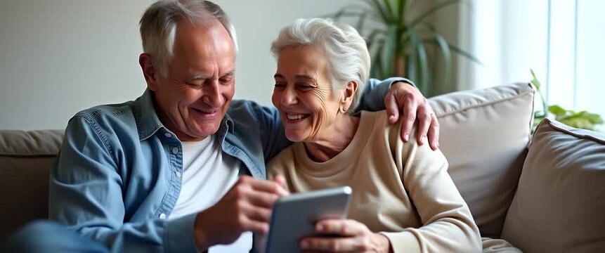 Elderly couple joyfully shares smartphone moments on a cozy sofa, as the camera gently pans in a warmly lit, cinematic living room scene with subtle plant leaves swaying in the background.