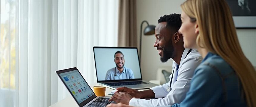 Doctor and patient engage in a virtual consultation, as the camera gently pans to reveal a modern home office setting; ambient light flickers through curtains, creating a cinematic, professional atmos