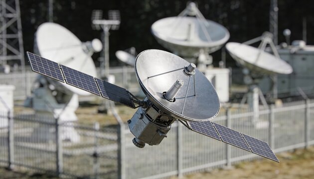 Medium shot of a compact microsatellite dish sharply focused with blurred fenced compound surroundings housing multiple tracking antennas