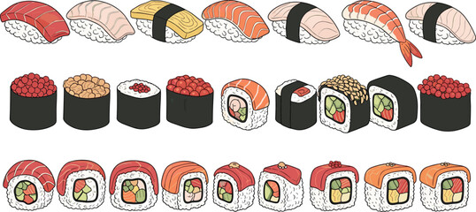 Sushi and Japanese Food Icon Set Featuring Nigiri, Maki Rolls, Salmon, Tuna, Shrimp, Caviar, and Traditional Asian Cuisine Vector Collection © MdJillur